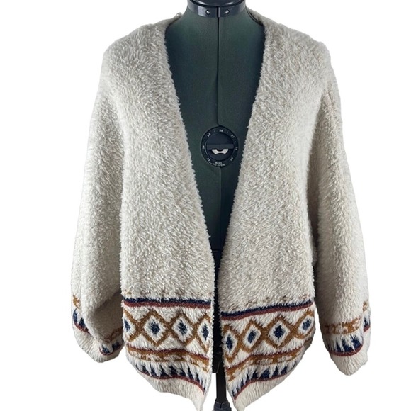a.n.a Fuzzy Boho South Western Open Cardigan M Cream - Picture 2 of 11